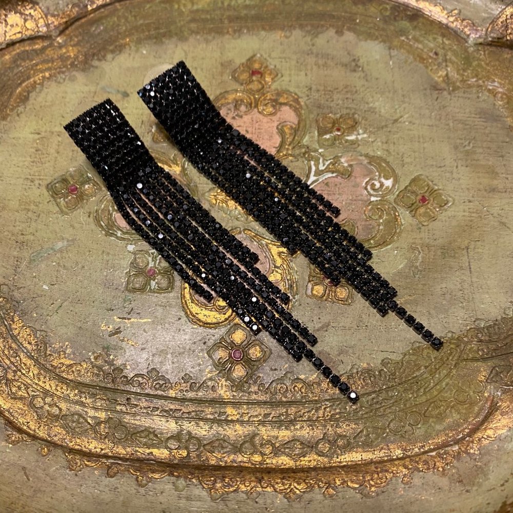 BLACK RHINESTONE CRYSTAL DANGLE 80S 90S - Picture 10 of 13